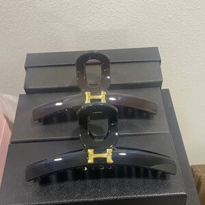 2 Black & Brown Hair Claw Clips with Gold H Accent